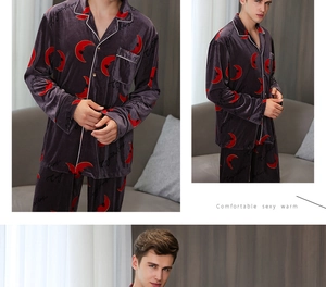 Detail of men's velvet pajama set with moon print, V-neck cardigan and contrast piping