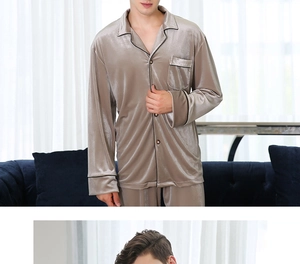Detail of premium velvet men's pajamas with classic lapel collar and silk-like sheen