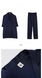 Detail of navy blue silk pajama set featuring button-up collar and chest pocket