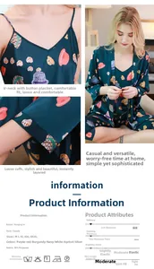 Detailed view of women's 3-piece silk pajama set with navy blue hat print and V-neck