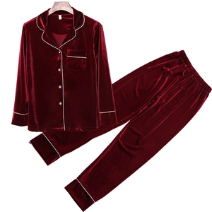 Men's wine red velvet pajama set featuring long sleeves and classic lapel collar