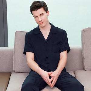 Men's Satin Loungewear Short Sleeve Lapel Button Up Top And Long Pants Loose Comfortable Breathable Pajamas For Home Wear