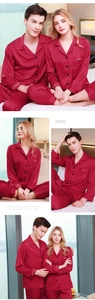 Close-up of wine red silk pajamas featuring gold harmony embroidery on cuffs and pocket