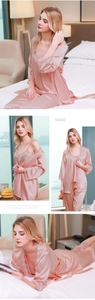 Detailed views of women's 3-piece pink satin sleepwear set with robe and lace trim