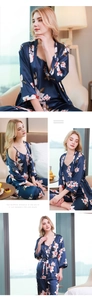 Navy floral silk pajamas 3-piece set featuring camisole, pants, and robe on model