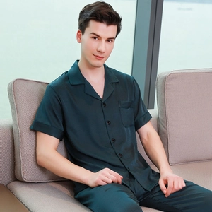 Men's dark green silk satin pajamas set with short sleeves and long pants for home
