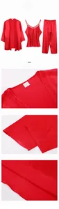 Detailed views of red silk-satin 3-piece pajama set with lace trim and belted robe