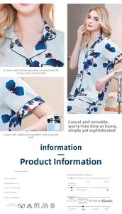 Detailed chart showing satin pajamas fabric properties and blue floral V-neck design