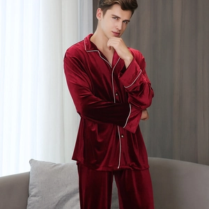 Men Luxurious Golden Velvet Pajamas Long Sleeve Top And Pants Warm Soft Solid Color Loungewear With Contrast Piping