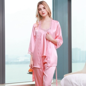Women Luxury Satin Lace Pajamas Set 3 Pieces Camisole Robe Long Pants Solid Color Silk Like Home Wear Lingerie Nightgown