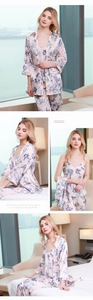 Detailed views of pink floral satin pajama set including camisole robe and trousers