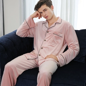Men's premium pink velvet pajama set with long sleeves and black piping detail