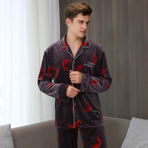 Men's velvet pajama set in dark purple with crescent moon prints and button-down collar