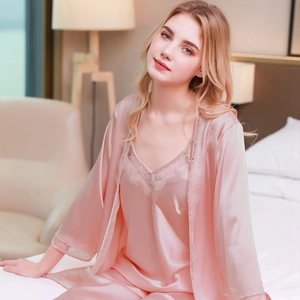 Three-piece silk satin pajama set for women in light pink with lace trim and long pants