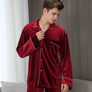 Men's luxury burgundy velvet pajama set with classic white piping and V-neck design