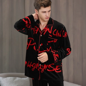 Men's velvet pajama set in black with red graffiti print and long sleeves loungewear