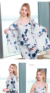 Detailed view of women floral three-piece silk pajamas set with robe and camisole