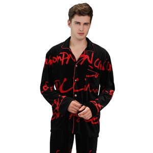 Men's black velvet long-sleeve pajamas set with red graffiti print and piping trim