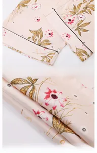 Close-up of pink floral silk pajama set featuring smooth texture and black piped edges