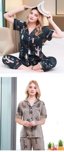 Short sleeve satin pajama sets in navy cactus print and white striped floral style