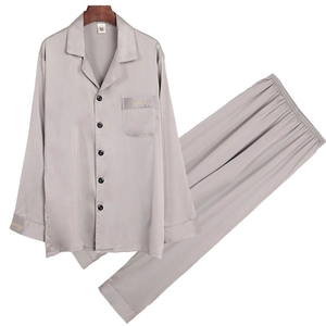 Men's silver silk satin pajama set with long sleeves and elegant gold embroidery