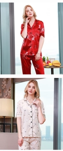 Women's silk satin pajama set with red carp and white star pattern detail views
