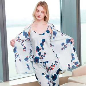Women Floral Print Satin Pajama Loungewear Including Robe Sling Top And Trousers Smooth Breathable Sleepwear For Summer Autumn