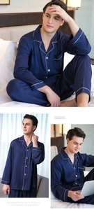 Détails du pyjama en soie rayée bleu marine pour homme montrant le tissu et la coupe