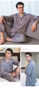 Pyjama deux pièces gris argenté en satin pour homme avec rayures et liseré bordeaux
