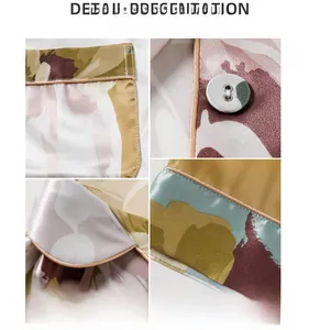 Detail view of floral print silk pajamas with buttons, flat pocket and rounded collar