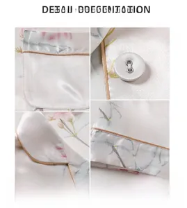 Detailed views of silk-like floral pajamas showing buttons, collar, and pocket seams