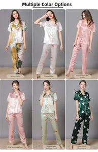 Detailed grid view of women's short sleeve silk pajamas in six various floral patterns
