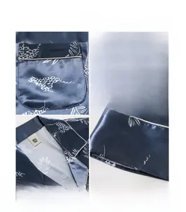 Macro detail of men's satin pajama set showing leopard print, pocket, and XL size label