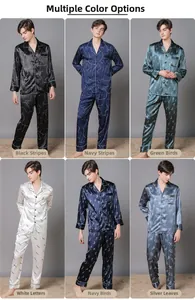 Men's silk satin pajama set with long sleeves and pants in multiple printed designs