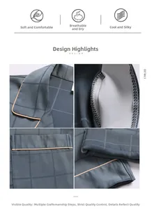 Detailed view of grey-blue plaid silk pajamas with white piping and fine stitching