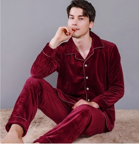 Detail of premium burgundy waffle fabric texture and white piping on men's pajama set