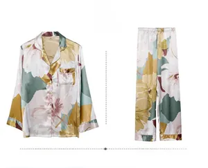 Detail of floral printed satin pajama set with button-up long sleeve top and pants