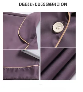 Detailed macro view of purple silk pajamas featuring contrast piping and white buttons
