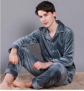 Close-up of grey-blue waffle velvet pajamas for men with contrast piping details