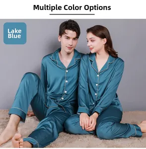 Detail of lake blue silk satin pajamas set with elegant piping and button-down collar