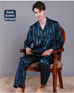 Men's dark green striped satin pajamas set with long sleeves and classic lapels