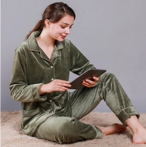 Detail of olive green waffle knit velvet pajamas set for women with buttoned top