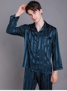 Detailed view of men's silk satin long-sleeve pajama set with vertical stripes in deep blue