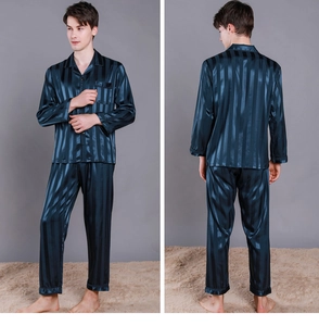 Detail view of men's silk pajama set in dark blue stripes showing front and back design