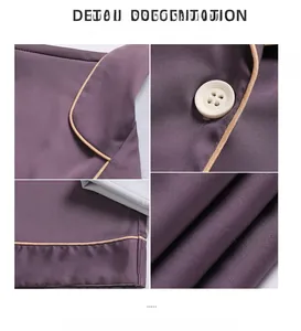 Detail of purple satin pajamas showing contrast piping, buttons, and smooth fabric texture