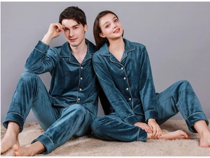 Detail of teal waffle texture fabric on couple's thick velvet thermal pajamas set