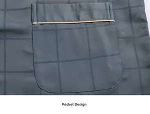 Detail of checkered silk pajama pocket with contrast piping and refined fabric texture