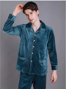 Detail of men's teal waffle texture velvet pajama set with button-up collar design