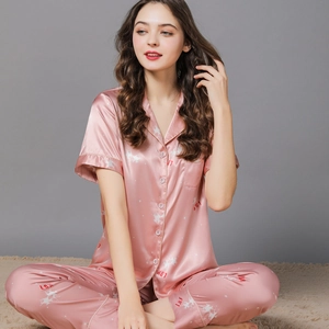 Pink silk satin pajama set with horse print and short sleeves for women loungewear