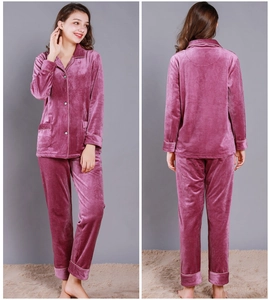 Front and back view of purple corduroy pajama set with button-up collar and pockets